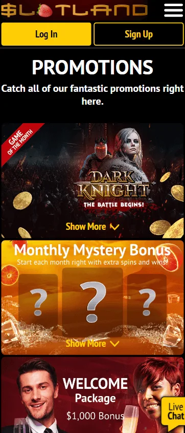 Slotland Casino mobile browser promotions area